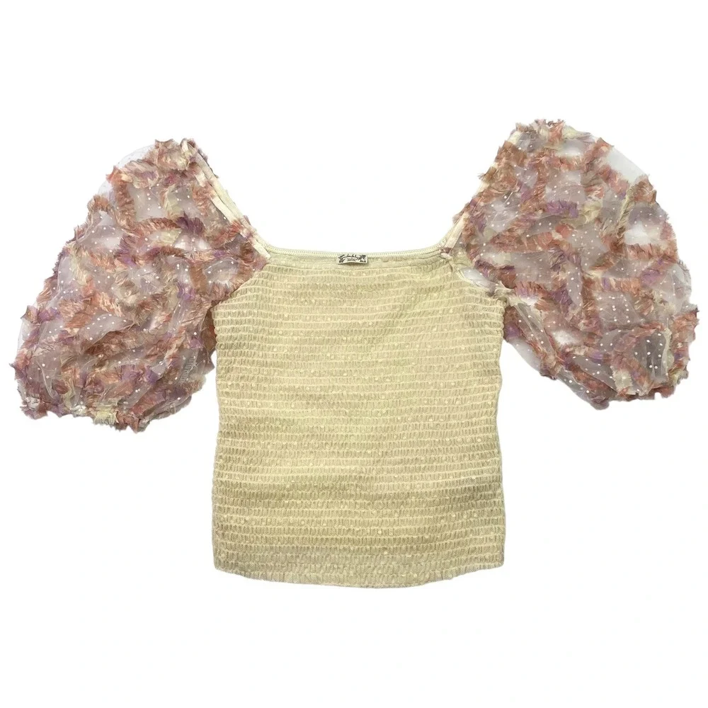 Free People Intimately Puff Sleeve Semi-Sheer Top Sz M Silverlake Fairy Romantic
